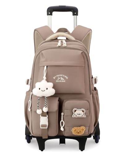 Tanou Schulrucksack Mädchen mit Rollen, 30L Rucksack Trolley für Kinder Teenager 5. bis 12. Klasse, Abnehmbar Trolley Schulranzen Lässiger Reise-Rucksack mit 6 Räder, Braun