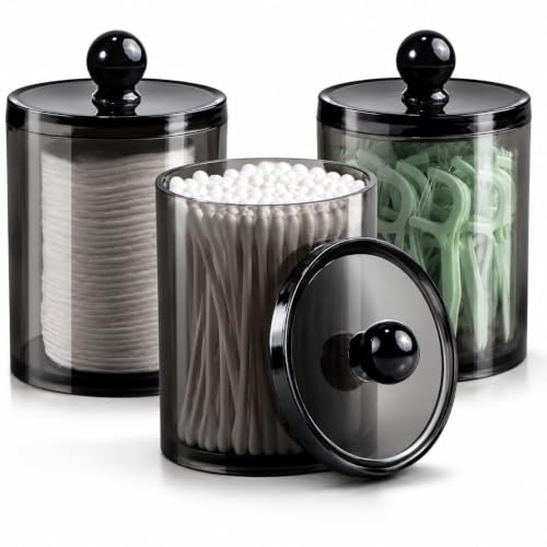 ALINK Kosmetik Organizer 3er Set mit Deckel, Schwarze Wattestäbchen Halter für Badezimmer, Apothekergläser Aufbewahrung für Wattepads, Wattebäusche, Zahnseide, Make-up-Schwämme & Haarspangen