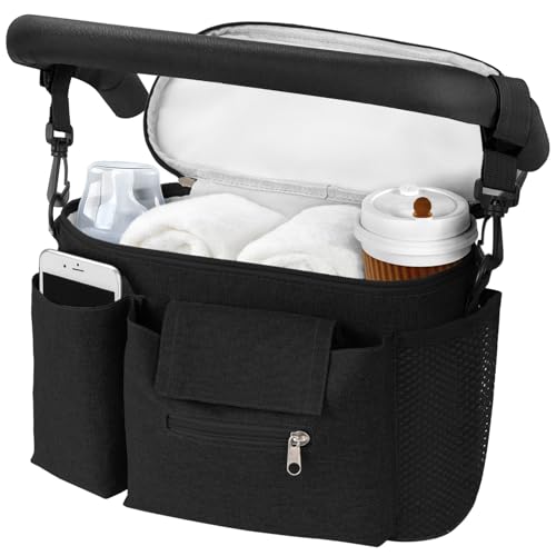 HOTUT Kinderwagen Organizer, Universal Kinderwagentasche mit Isolierte Getränkehalter,Wasserdichte Kinderwagen Tasche, Verstellbarer Schultergurt,Windeltasche mit großer Kapazität für Handys(Schwarz)