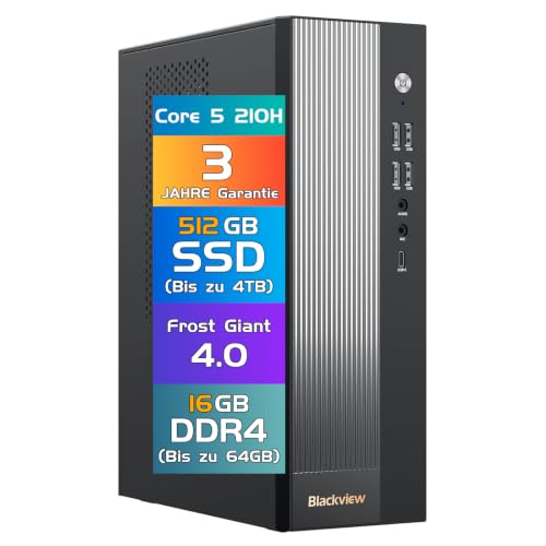 Blackview Silent Business Office Computer NEX60 | 2026 Intel Core 5-210H - 13. Gen| 16GB DDR4 | 512GB SSD | Win 11 Pro Desktop PC| WLAN 6 & Bluetooth 5.2 | USB 3.2 | 3 Jahre Garantie - Startklar