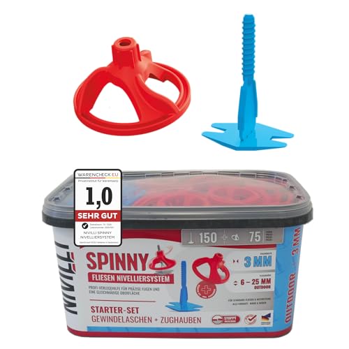 Nivilli SPINNY PRO - STARTER-SET 3mm - 150 Laschen + 75 Zughauben! Profi Nivelliersystem, Fliesen & Naturstein Verlegehilfe, Zughauben + Gewindelaschen. Starter-Set 3mm, Materialdicke: 6-25mm