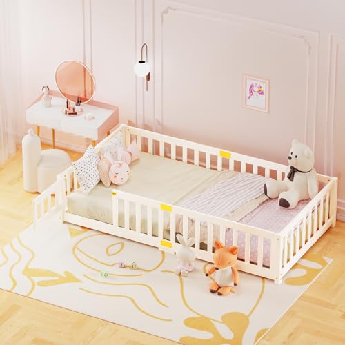 Meulbaty Bodenbett, 90×200 cm | Montessori-Bodenbett mit Rausfallschutz und Bettrahmen, Kiefernholz massiv, Sperren-Design, geeignet für Kinder von 1–3 Jahren, weiß