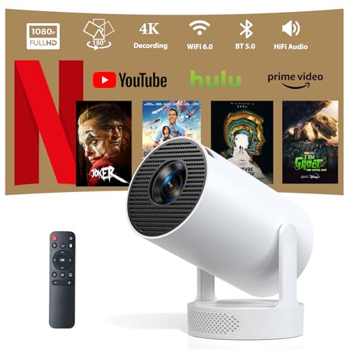 Mini Beamer, 4K Decoding Full HD 1080P, 20000 Lumen Helligkeit, Android 11 System, Wi-Fi 6 & Bluetooth 5.0, Eingebauter HiFi Lautsprecher, 180° Drehbarer Projektor für Schlafzimmer & Heimkino