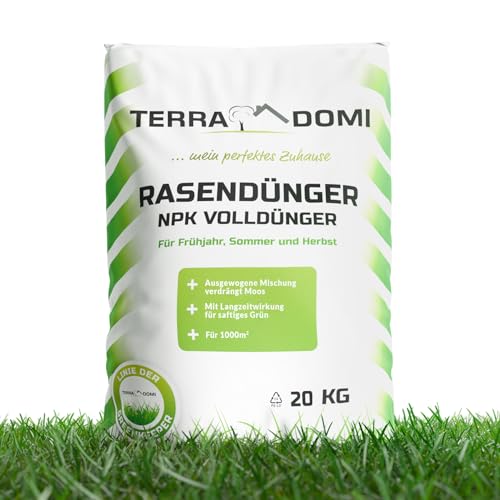 TerraDomi Rasendünger Frühjahr & Sommer 20kg NPK 15-15-15 I Dünger mit Langzeitwirkung I verdrängt Moos I für 1000 m² Rasen I streuwagengeeigneter Dünger | staubarm & mit extra Schwefel