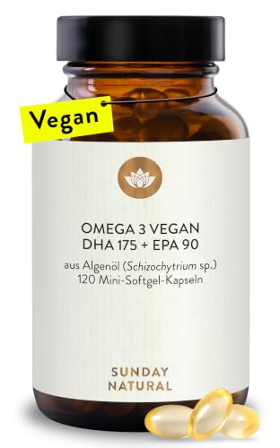 SUNDAY NATURAL® Omega 3 Vegan - 120 Softgel Kapseln - 1.000 mg Algenöl pro Tagesdosis: 350 mg DHA und 180 mg EPA (2 kapseln) - Leicht schluckbare Omega 3 Kapseln - Laborgeprüft