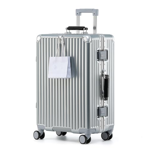 Aoliwei Aluminium-Rahmen Reisekoffer L (70cm) – Premium Hartschalen-Trolley für 7-10 Tage Reisen, mit schwarzem Echtleder-Griff, TSA-Schloss & & 360° Silent-Doppelrollen, Silber