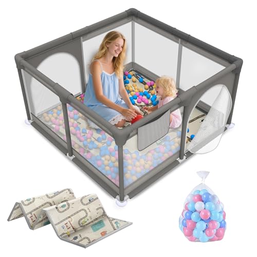 Laufstall Baby mit Matte, Laufgitter Baby mit Atmungsaktivem Netz und Reißverschluss für Wohnungen, Kleinkinder Laufstall mit 4 Saugnäpfen, Innen&Außen (120 * 120cm)