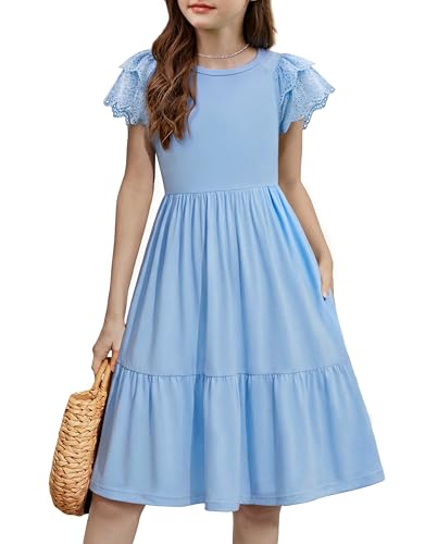 Arshiner Mädchen Kleider Blau Sommer Spitze Kurzarm Kleid Midi Abendkleid A-Linie Frühling Partykleid Kinder Mode Hochzeit Festliche Kleider Einfarbig Freizeitkleid mit Tasche 160/13-14 Jahre