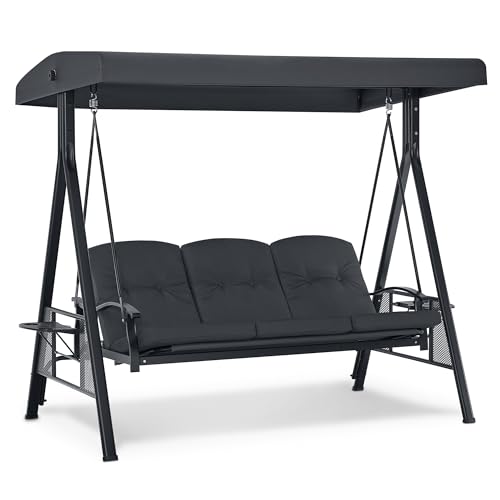 M MCombo 3-Sitzer Hollywoodschaukel mit Liegefunktion, Verstellbarem Sonnendach & Getränkehalter, Gartenschaukel bis 360kg Belastbar Schaukelbank Outdoor Wetterfest 204x118x181 cm 4093 (dunkgelgrau)