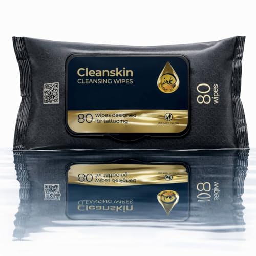 CleanSkin [80 Stück] Tattoo-Reinigungstücher mit grüner Seife, Alkoholfrei, Parfümfrei, Fusselfrei, Pflege für Tattoos