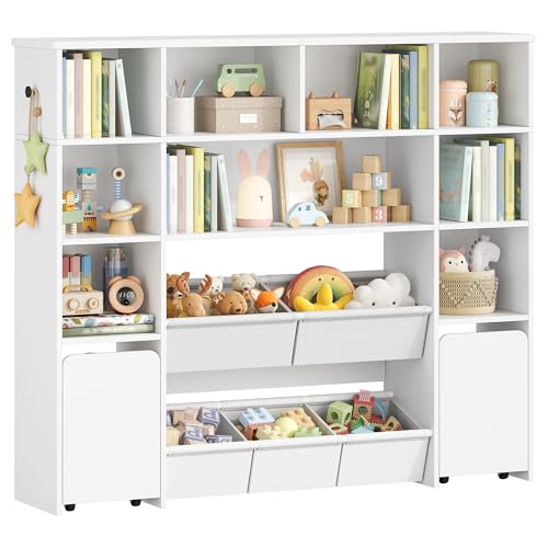 Hzuaneri Kinderregal mit 2 rollbarer Aufbewahrungsbox, 4-stöckiges Bücherregal Kinder, Kinderbücherregal, Spielzeugregal, Bücherregal für Kinderzimmer, Wohnzimmer Weiß, 30 x 140 x 120 cm KB75203W