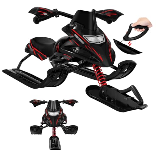 Laneetal Lenkschlitten für Kinder, Schlitten mit Fußbremsen, Bob Kinderschlitten, automatisches Zugseil, gepolsterter Sitz, Metallrahmen, 121x43x50 cm, Rot Schwarz