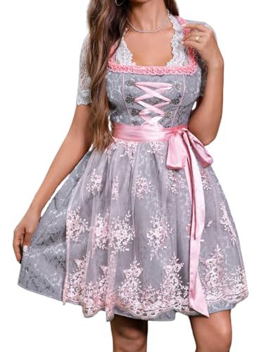 PLWEDDING Dirndl für Damen Silbergraues 3 Teilig Damen Midi Trachtenkleid Silbernes Dirndl Rosa Spitzenschürze und Bluse für Oktoberfest Besondere Anlässe(L)