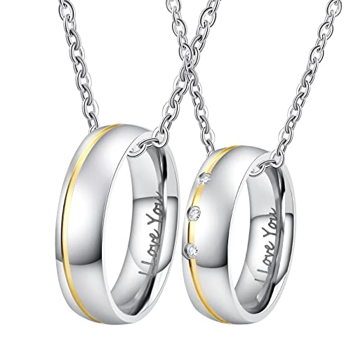 Lieson Paar Kette Edelstahl Mit Ring Anhänger, Partnerringe Mit Gravur I Love You Breite 6MM Zirkonia Ringe Silber Gold Partner Geschenke