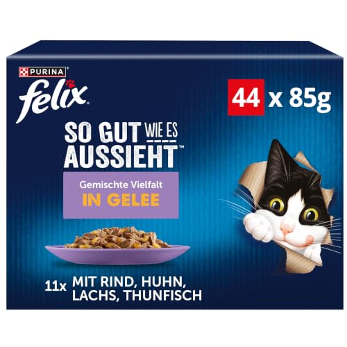 FELIX So gut wie es aussieht Nassfutter für Katzen Gemischte Vielfalt Vorteilspack, 44 praktische Portionsbeutel, zarte Stückchen in Gelee, 4 leckere Sorten, 100% vollständige Ernährung
