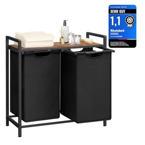 VASAGLE Wäschekorb 2 Fächer, Wäschesammler mit Ablage, Wäschebox, Wäschesack aus Oxford-Gewebe abnehmbar, Metallrahmen, 2 x 46 L, 73 x 33 x 72 cm, tintenschwarz-vintagebraun BLH201B01