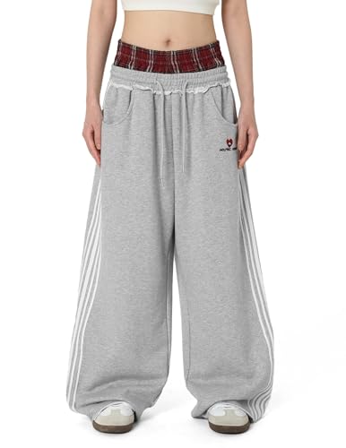 Aelfric Eden Karierte Patchwork Jogginghose Herren Plaid Patchwork Hose Damen Freizeithose Casual Sporthose Double Waist Baggy Hosen Streetwear Sweatpants Grau, S