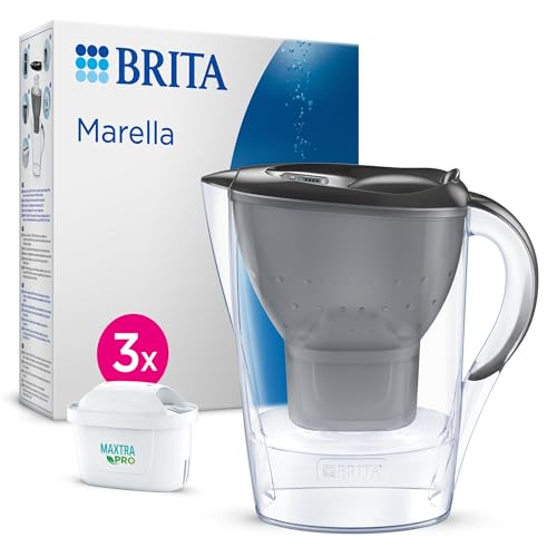 BRITA Wasserfilter Kanne Marella graphit (2,4l) inkl. 3x MAXTRA PRO All-in-1 Wasserfilter-Kartusche – Filter zur Reduzierung von Kalk, Chlor, Blei, Kupfer & geschmacksstörende Stoffe im Wasser