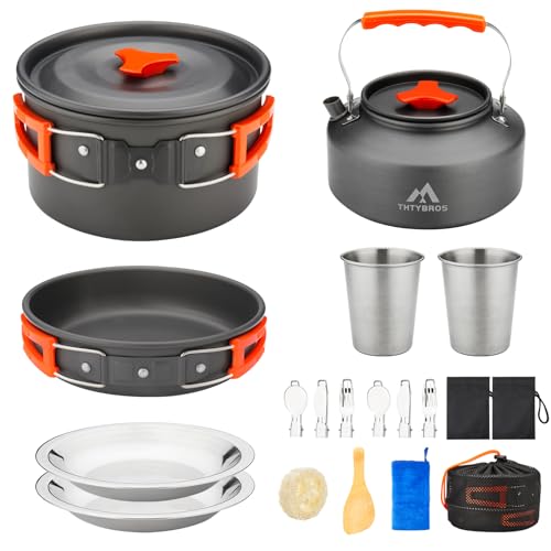 THTYBROS 17-teiliges Camping-Kochgeschirr-Set, hart eloxiertes Aluminium-Topf-Pfanne-Kessel mit 2 Edelstahl-Tassen, Teller, Besteck für Outdoor-Wandern, Rucksackreisen, Picknick
