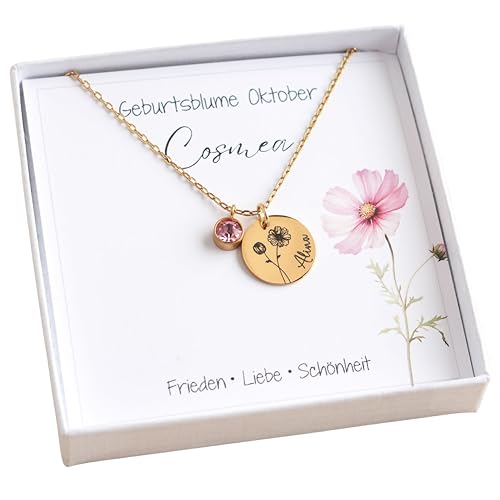Kette mit Geburtsblume personalisiert mit Gravur Geburtsblumenkette mit Name Birthflower Silber Gold Roségold Geschenk zur Taufe Geburt Geburtstag Muttertag