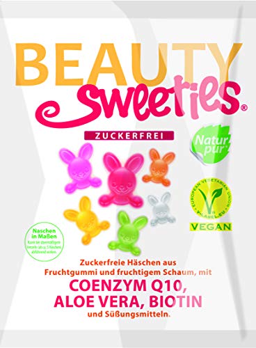 BeautySweeties Zuckerfreie Häschen 125 g | Fruchtig-süße, zuckerfreie & vegane Fruchtgummi-Häschen | Mit Coenzym Q1, Aloe Vera und Biotin | 1 x 125 g Beutel