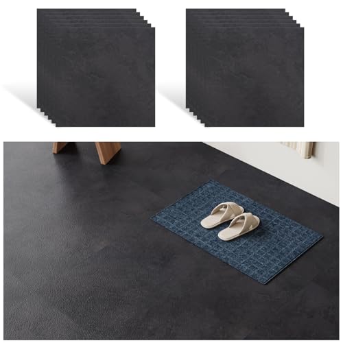 VEELIKE PVC Bodenbelag Betonoptik Schwarz Fliesenaufkleber Schwarz Marmor Vinyl Fliesen 12 Stück Vinylboden Selbstklebend Bodenfliesen Badfliesen Überkleben Vinyl Bodenbelag Garage 30 cm x 30 cm