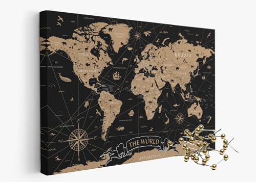 framed concept | Weltkarte mit Pinnnadeln | Handgefertigte Wanddekoration mit 50 goldenen Pins | Einzigartige Geschenkidee
