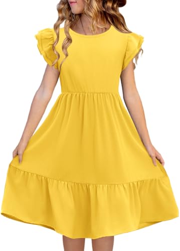 Haloumoning Mädchen Kleider Rundhals Einfarbig Sommerkleid Rüschenärmel A-Linie Prinzessin Kleid Casual Elegant Hochzeit Geburtstag Freizeitkleid, Gelb, 5-6 Jahre