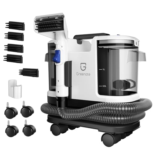 Greenote Teppichreiniger 600W kraftvolle Saugleistung, 4 lenkbare Räder für einfache Manövrierbarkeit, kompakte Aufbewahrung, vielseitiges Zubehör für Polster & Auto, 1,8L/0,8L Wassertank