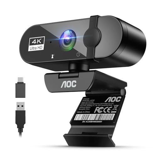 AOC Webcam 4K Ultra HD, 4K Webcam mit Mikrofon & Objektivabdeckung, PC Kamera Plug & Play, 99° Ansicht, Autofokus, Web Cam kompatibel mit Zoom/Teams/Skype, für Streaming, FaceTime, Meetings, Schwarz