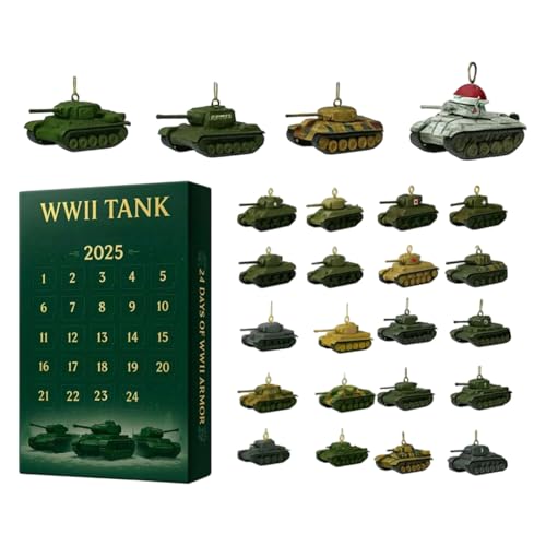 Panzer Adventskalender 2025, 24 Tage Weihnachts Countdown Kalender Mit 2D Acryl Tank Anhänger, 24 Stück Einzigartigen Miniaturpanzern Weihnachtskalender Für Kinder