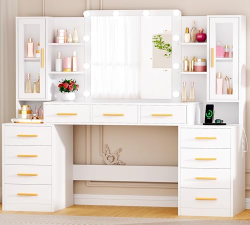 ANWBROAD Großer Schminktisch mit Spiegel und Beleuchtung Frisiertisch mit Glasplatte und Steckdose Schminktisch mit 11 Schubladen 6 offene Regale Moderne Weiß BDT27W