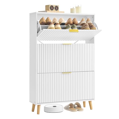 VASAGLE MAXE Kollektion - Schuhschrank mit 3 Klappen, Schuhkipper schmal, Schuhregal für Eingangsbereich, geriffelte Türen, für 18-24 Paar Schuhe, Mid Century Modern, wolkenweiß HSC302WB02