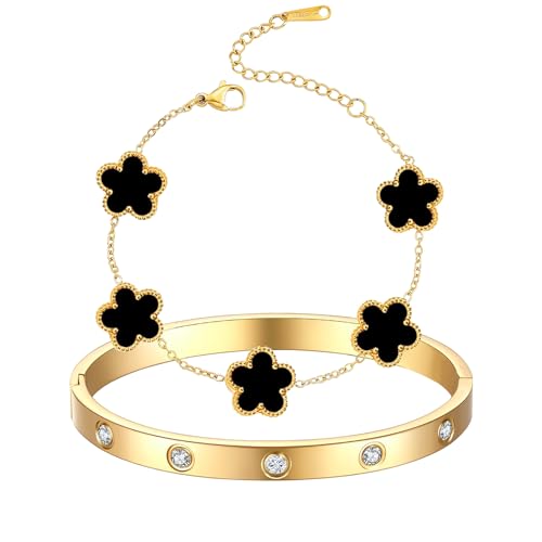 Guidre 2 PCS 18K Vergoldet Vierblättriges Kleeblatt Armband,Armreif Gold Damen 18k Gold plattiert Edelstahl Armreif,armbänder gold,für Geschenke Geburtstags