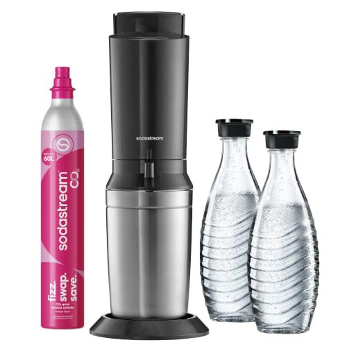 SodaStream Crystal 3.0 Wassersprudler mit Glaskaraffe, Sprudelwasser-Maschine mit Quick-Connect CO2-Zylinder, inkl. 2 spülmaschinenfesten Glaskaraffen je 0,7 L, Grau