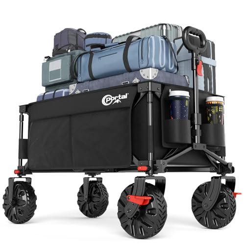 Portal Bollerwagen faltbar größe Reifen mit Bremse Klappwagen Handwagen klappbar mit Seitentasche Faltwagen Gartenwagen Transportwagen für Alle Gelände Camping Strand Einkaufen 110kg Belastbarkeit