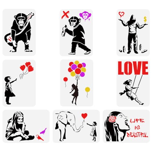 FINGERINSPIRE 9 Stück Banksy Malschablone 21x29.7 cm Wiederverwendbare Banksy Mädchen Junge Schimpansen Zeichenvorlage Life Is Beautiful Schablone Zum Malen Auf Holzwänden Stoffmöbeln