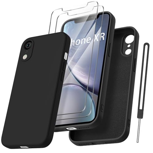 Qasyfanc HandyHülle für iPhone XR Hülle Silikon case mit 2 Stück Schutzfolie, Ultra Microfiber TPU Flüssig silikon mit Kameraschutz Kratzfeste Rundumschutz Schutzhülle 6.1'' - Schwarz