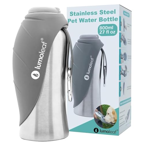 LumoLeaf Hundetrinkflasche für unterwegs, 800ml Edelstahl Trinkflasche Hund, Tragbare Haustier Wasserflasche, Hunde Wasserspender Reise Zubehör für Wandern und Campen (Grau)