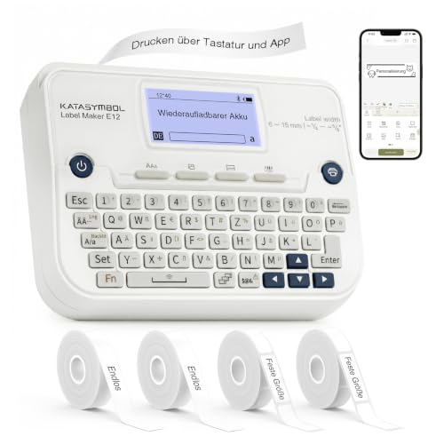 SUPVAN E12 Etikettendrucker, QWERTZ-Tastatur & Bluetooth, 4 Rolle, Weiß