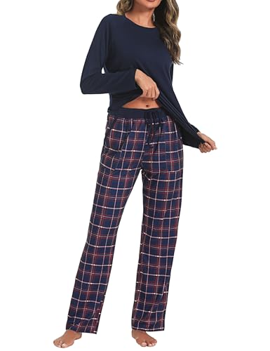 Uniexcosm Schlafanzug Damen Baumwolle Pyjama Set Lang Zweiteiliger Nachtwäsche Raglanärmel Sleepwear und Karierte Pyjamahose Hausanzug Freizeitanzug Stil 1:PAT M