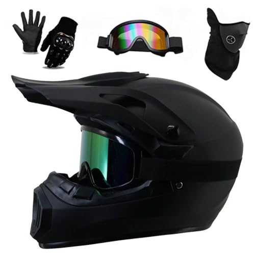 Jugend Erwachsene Elektro Dirt Bike Motorrad Helm Set für Jungen Mädchen Quad Bikes BMX MTB ATV Offroad Helm mit Schutzbrille Handschuhe Maske DOT Genehmigt(226 Monochrome,S(52-55CM))