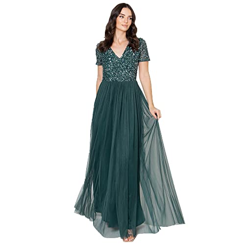Maya Deluxe Abendkleid mit Pailletten Cocktailkleid Damen mit V-Ausschnitt Tüllkleid Smaragdgrün Größe 46