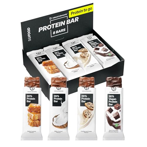 natural elements Proteinriegel Mixed Box – verschiedene Low Sugar Eiweißriegel – 8 Stück mit bis zu 13g Protein – vegetarisch, ohne Palmöl – in Deutschland laborgeprüft
