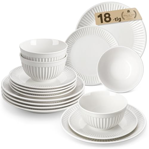 MALACASA LEILA Geschirrset 6 Personen, 18-tlg Teller Set 6 Personen, Porzellan Geschirr Set mit handgefertigtem Reliefdesign, mikrowellen- und spülmaschinenfest, Schüssel- und Teller Set, Weiß