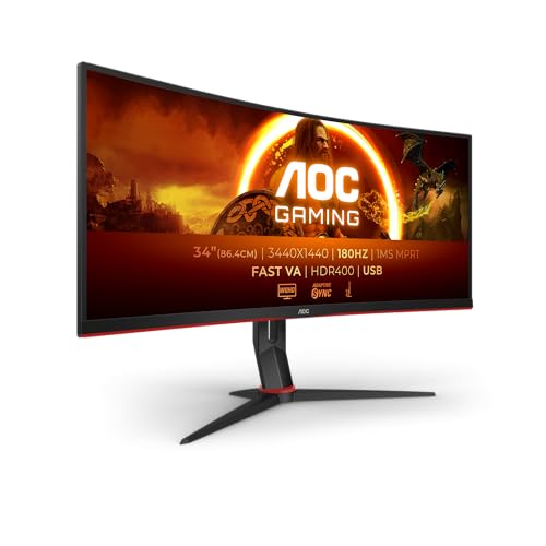 AOC CU34G2XPD/BK 34 Zoll Curved, UW-QHD USB Hub Gaming Monitor, 180Hz, Fast VA Panel, 1ms MPRT, Adaptive Sync, HDR400, FreeSync Premium, (3440x1440 HDMI 2X 2.0 DP 2X 1.4) Schwarz/Rot