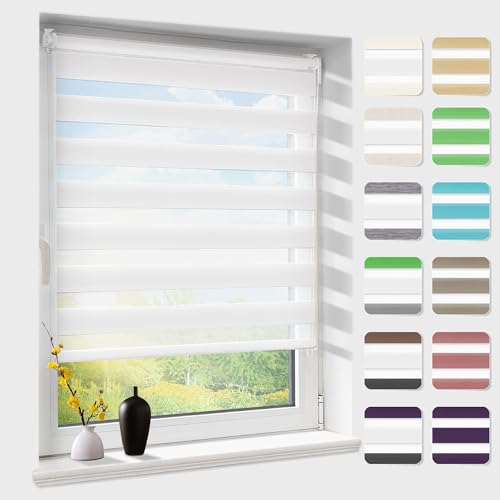 Doppelrollo klemmfix ohne Bohren, Duo Rollos für Fenster & Tür mit Bohren, Version 2025 Weiß B45 x H150cm (Stoffbreite 41cm), Sonnenschutz Klemmrollo Fensterrollo Zebrarollo Seitenzugrollo