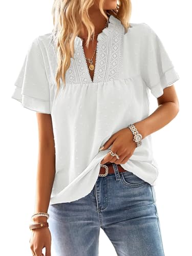 TUUHAW Tunika Damen Große Größen Sommer Boho Bluse Kurzarm Top Weiß XXL