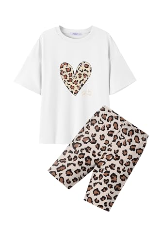 Arshiner T Shirt Weiß Mädchen Leggings mit Leopardenmuster Kinder Sommer Mädchenbekleidung Modische Zweiteiler Set Lässiges Kinderoutfits 150/11-12 jahre