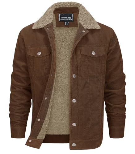 EKLENTSON Winter Cargo Jacke Herren Slim Fit Gefütterte Cordjacke Gerippt Business Jacke mit Pattentaschen (L, Braun)